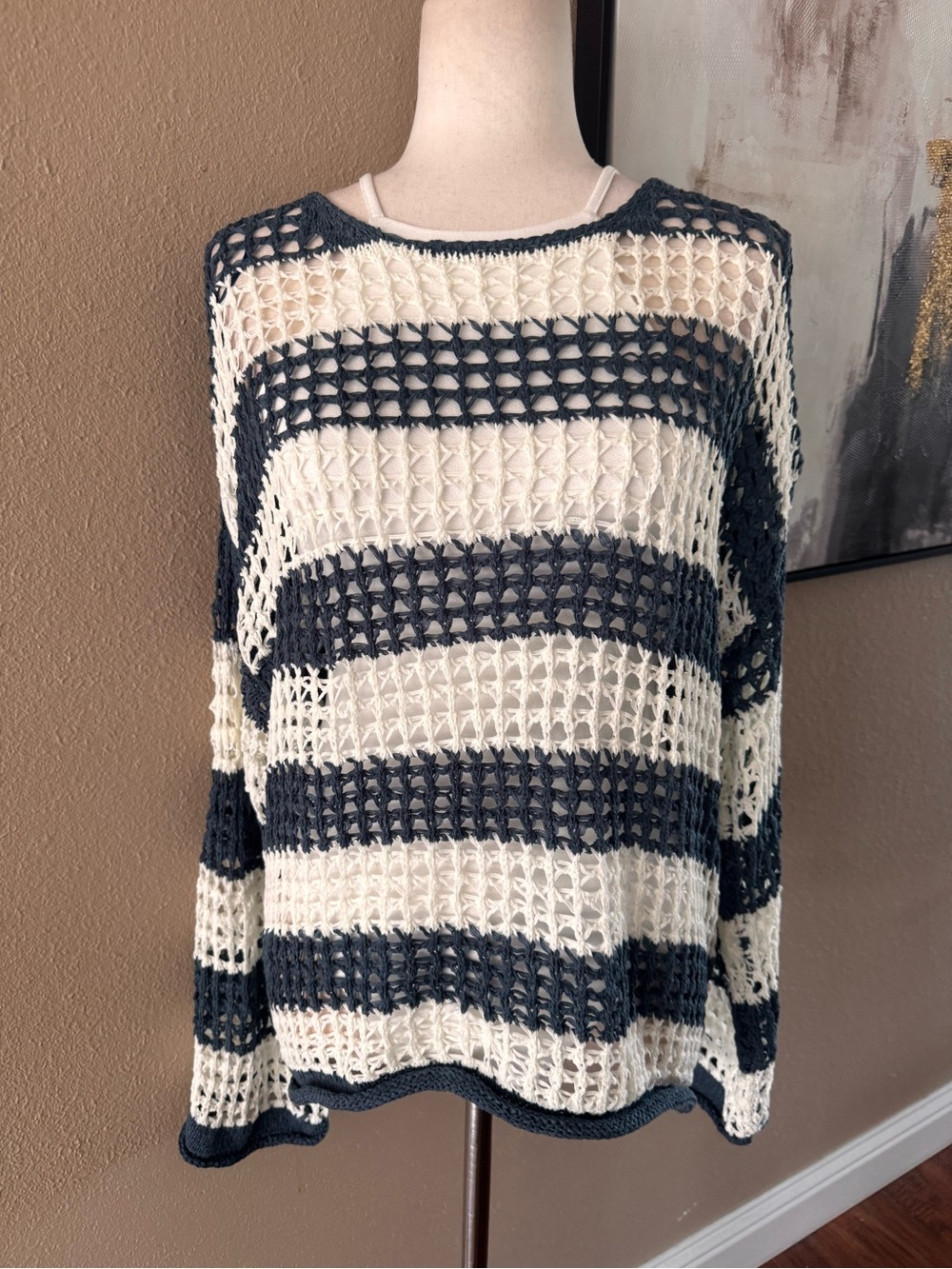 FAVLUX Open-Weave Striped Sweater in Cream and Navy